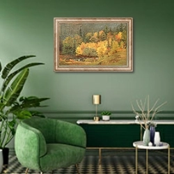 «Autumn by the Brook, 1855» в интерьере гостиной в зеленых тонах