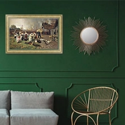 «Пожар в деревне» в интерьере классической гостиной с зеленой стеной над диваном