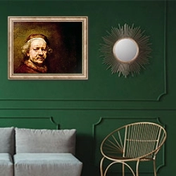 «Self Portrait in at the Age of 63, 1669 2» в интерьере классической гостиной с зеленой стеной над диваном