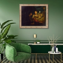 «Мужчина, предлагающий золото и монеты девушке» в интерьере гостиной в зеленых тонах