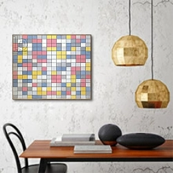 «Composition with Grid 9: Checkerboard Composition with Light Colours, 1919» в интерьере кухни в стиле минимализм над столом