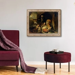 «The Savage, c.1838» в интерьере гостиной в бордовых тонах