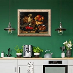 «Still Life With Pike’S Head And Hazelnuts» в интерьере кухни с зелеными стенами