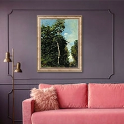 «The Wood on the Cote de Grace in Honfleur» в интерьере гостиной с розовым диваном