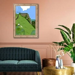 «Rest with a dog on a grass hill.» в интерьере классической гостиной над диваном