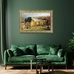 «Золотая осень» в интерьере зеленой гостиной над диваном
