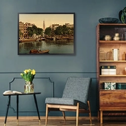 «Нидерланды. Амстердам, канал Groenburgwal» в интерьере гостиной в стиле ретро в серых тонах