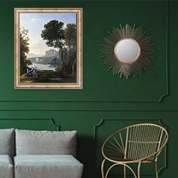 «Пейзаж с Хагар и Ангелом» в интерьере классической гостиной с зеленой стеной над диваном