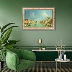 «Venetian View, 18th century 2» в интерьере гостиной в зеленых тонах