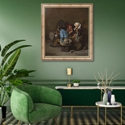 «Крестьянка, соблазняемая мужчиной» в интерьере гостиной в зеленых тонах