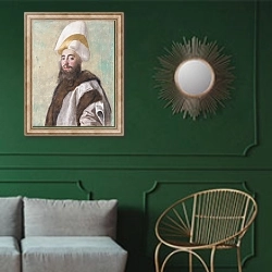 «Портрет великого визиря» в интерьере классической гостиной с зеленой стеной над диваном