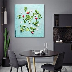 «Белый и красный редис с зелеными листьями» в интерьере современной кухни в серых цветах