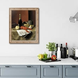 «Still Life with Lobster, Fruit, Champagne and Newspaper, 1882» в интерьере кухни в голубых тонах
