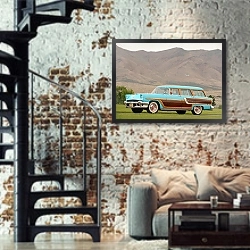 «Mercury Monterey Station Wagon '1955» в интерьере двухярусной гостиной в стиле лофт с кирпичной стеной