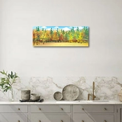 «Панорама с осенним лесом» в интерьере современной светлой кухни