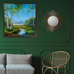 «Береза в поле возле реки» в интерьере классической гостиной с зеленой стеной над диваном