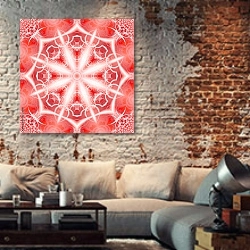 «Круглый орнамент в красных тонах» в интерьере гостиной в стиле лофт с кирпичной стеной