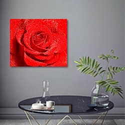 «Ярко-красная роза с каплями воды» в интерьере современной гостиной в серых тонах