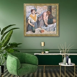 «The Laundresses, c.1884» в интерьере гостиной в зеленых тонах