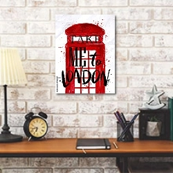«Лондон, телефонная будка» в интерьере кабинета в стиле лофт над столом