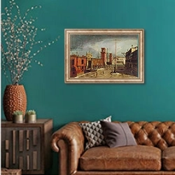 «The Arsenale, Venice» в интерьере гостиной с зеленой стеной над диваном