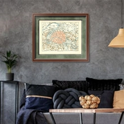 «Карта Парижа, конец 19 в.» в интерьере гостиной в стиле лофт в серых тонах