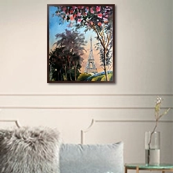 «Пейзаж с Эйфелевой башней и цветущими деревьями в Париже» в интерьере в классическом стиле в светлых тонах