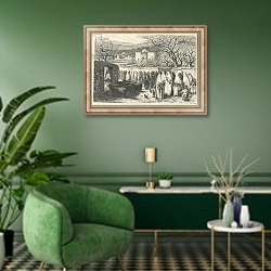 «Marabout and Procession: Tlemcen, engraved by Henri Theophile Hildibrand» в интерьере гостиной в зеленых тонах