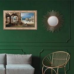 «Внутренний двор дворца» в интерьере классической гостиной с зеленой стеной над диваном