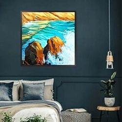 «Морской пейзаж с волнами и скалами » в интерьере классической гостиной над диваном