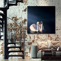 «Романтичная пара белых лебедей» в интерьере двухярусной гостиной в стиле лофт с кирпичной стеной
