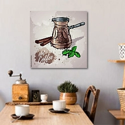 «Иллюстрация с кофейной туркой» в интерьере кухни над обеденным столом с кофемолкой