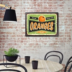 «Ретро плакат со свежим апельсином» в интерьере кухни в стиле лофт с кирпичной стеной