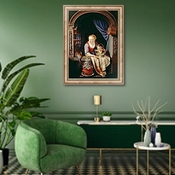 «Woman at a Window, 1663» в интерьере гостиной в зеленых тонах
