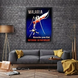 «Malaria knocks you flat» в интерьере в стиле лофт над диваном