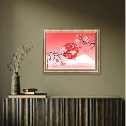 «Японская вишня на фоне горы» в интерьере в этническом стиле в коричневых цветах
