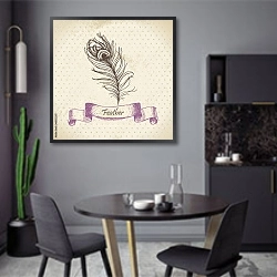 «Иллюстрация с павлиньим пером» в интерьере современной кухни в серых цветах