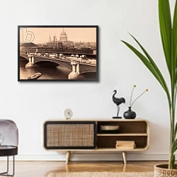 «London, England. Blackfriar's Bridge with St. Paul's cathedral behind circa 1890.» в интерьере комнаты в стиле ретро над тумбой