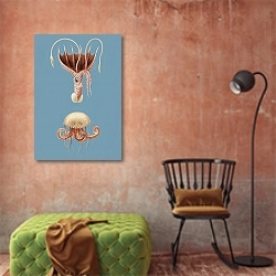 «Лиловая медуза и кальмар» в интерьере комнаты в стиле поп-арт с оранжевой стеной