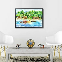 «Лодка на реке в тропиках» в интерьере гостиной в этническом стиле над столом