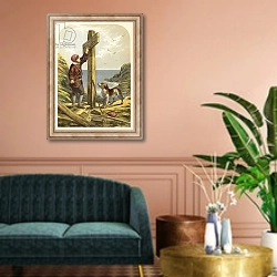 «Robinson Crusoe erects a post on the shore» в интерьере классической гостиной над диваном