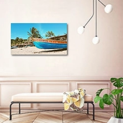 «Старая голубая лодка на пляже» в интерьере современной прихожей в розовых тонах