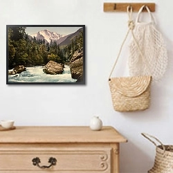 «Швейцария. Река Лютшина и гора Юнгфрау» в интерьере в стиле ретро над комодом