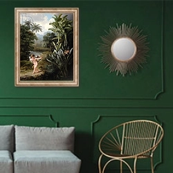 «Cupid inspiring the Plants with Love, c.1797» в интерьере классической гостиной с зеленой стеной над диваном