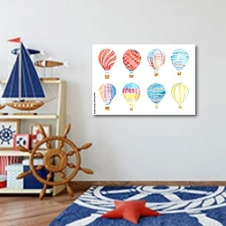 «Набор разноцветных акварельных воздушных шаров» в интерьере детской комнаты для мальчика в морской тематике