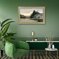 «На Урале. 1888» в интерьере гостиной в зеленых тонах