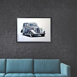 «Лиловый ретро-автомобиль» в интерьере в стиле лофт с черной кирпичной стеной