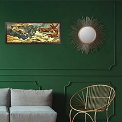 «Otters chasing fish» в интерьере классической гостиной с зеленой стеной над диваном