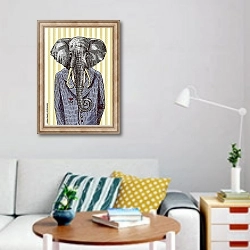 «Слон в пиджаке» в интерьере гостиной в стиле поп-арт с синими стенами