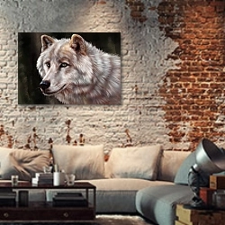 «Белый волк, портрет» в интерьере гостиной в стиле лофт с кирпичной стеной